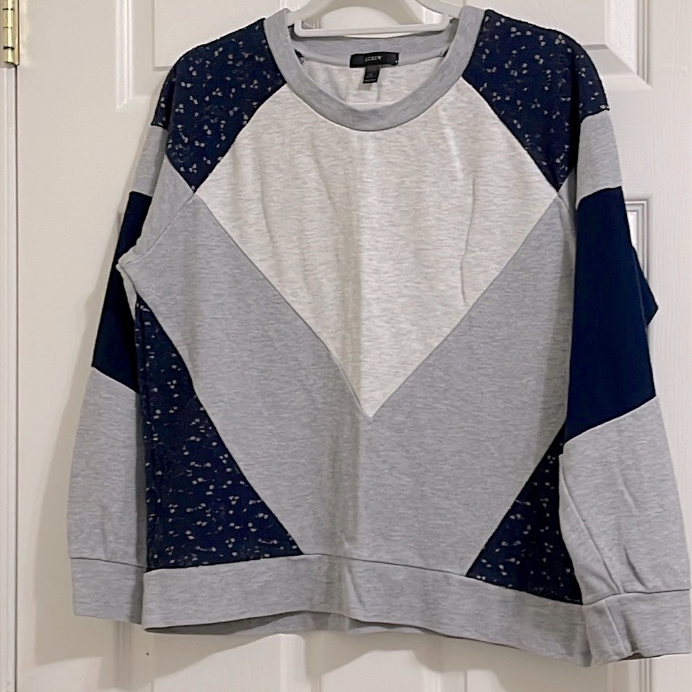 J. Crew Women's Paneled Lace Sweatshirt Blue Heathered Gray Quilted Size M.